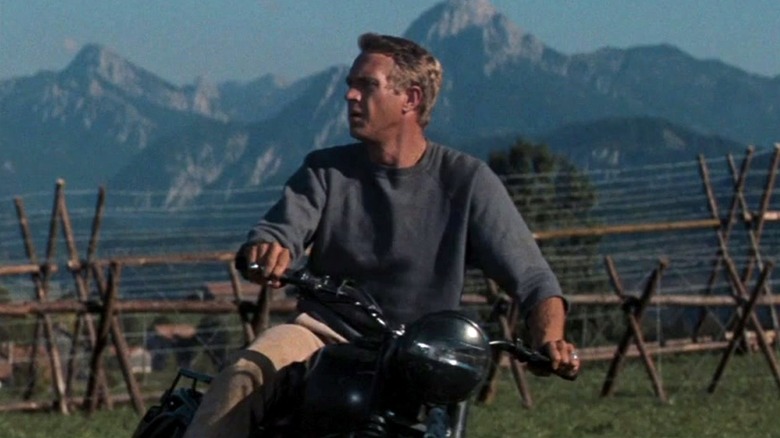 Captain Virgil Hilts rides his motorcycle in 'The Great Escape'
