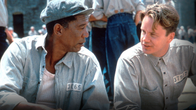 Red and Andy talk in the prison yard in 'The Shawshank Redemption' (1994)