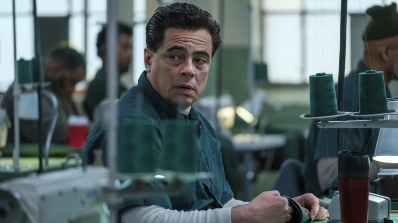 Richard Matt sitting at a sewing machine in "Escape at Dannemora"
