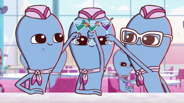 Three beings toast glasses in Strange Planet (2023)