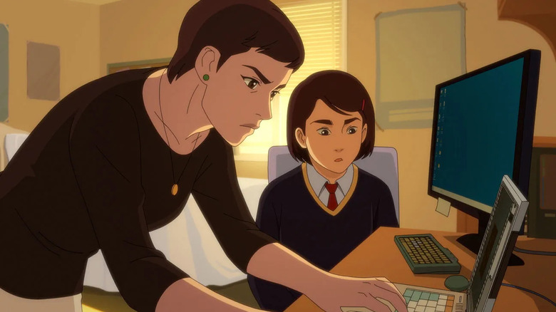 Maddie wears her school uniform while her mother Ellen types on the computer in "Pantheon"