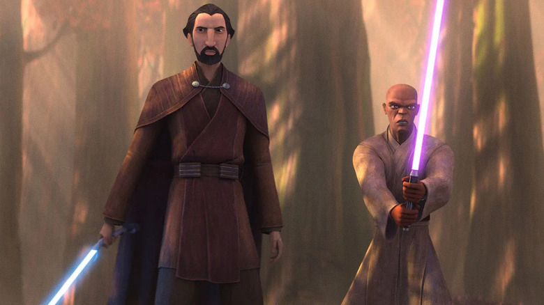 Count Dooku holds his blue lightsaber while standing beside Mace Windu holding his purple lightsaber in "Tales of the Jedi"