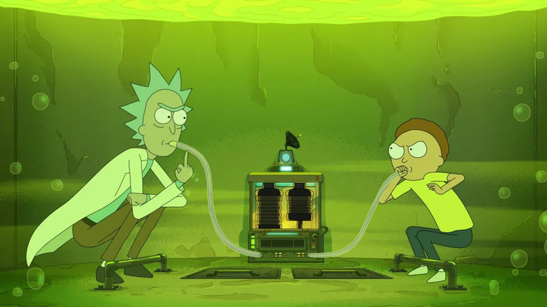 Rick and Morty hiding in a vat of fake acid in "Rick and Morty"