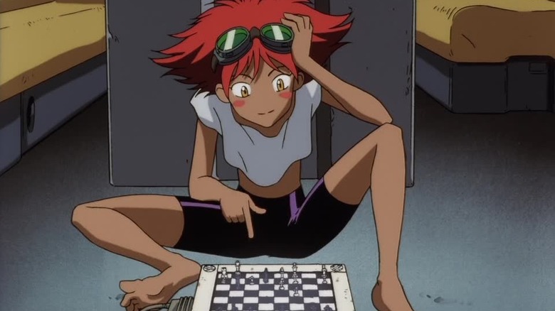 Radical Edward crouches on the floor and plays chess in "Cowboy Bebop" (1998-2000)