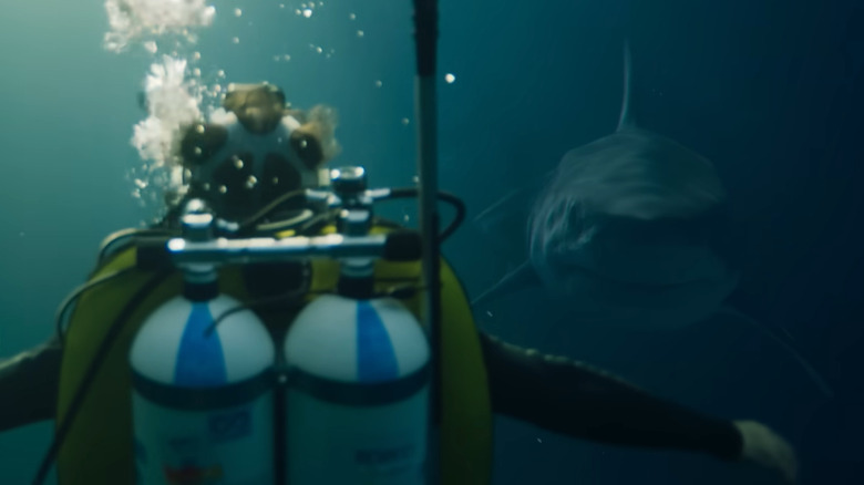 Shark approaches scuba diver in "Under Paris"