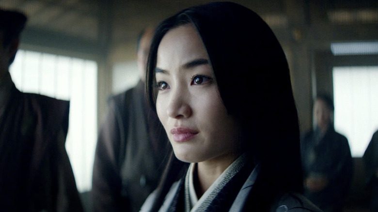Toda Mariko standing with a stern expression on "Shogun" (2024)