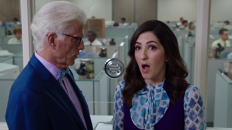 Michael looking at Janet as she opens her mouth in The Good Place