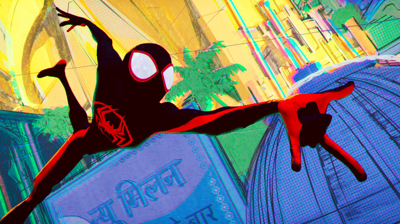 Miles Morales/Spider-Man swinging through the sky in Spider-Man: Across the Spider-Verse (2023)