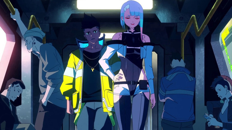 David and Lucy in a train in "Cyberpunk: Edgerunners" (2022)