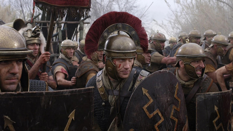 Titus Pullo in full warrior dress, leading a charge of soldiers in "Rome" (2005-2007)