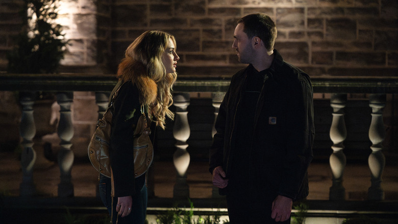 Lucy and Stephen arguing outside of a school building on Tell Me Lies