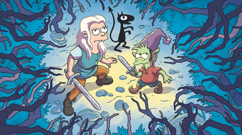 Elfo, Luci and Bean in a forest in "Disenchantment"