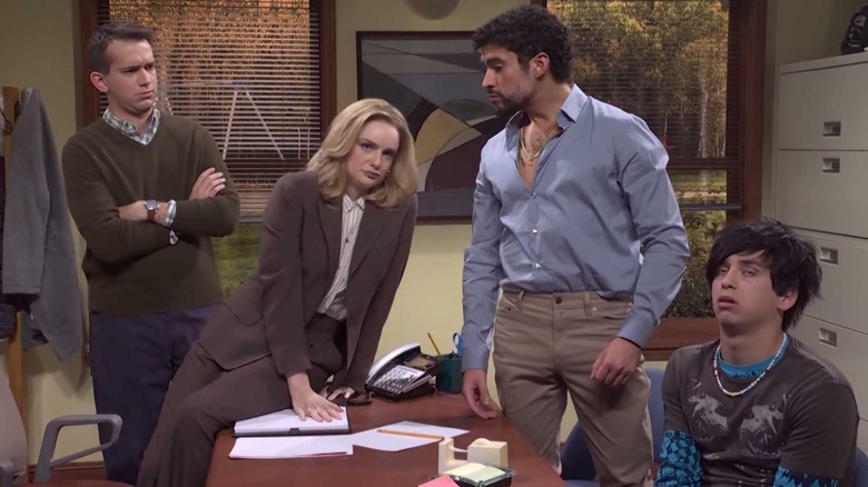 Andrew Dismukes, Ashley Padilla, Marcello Hernandez, and Bad Bunny in a teacher's office for an SNL skit