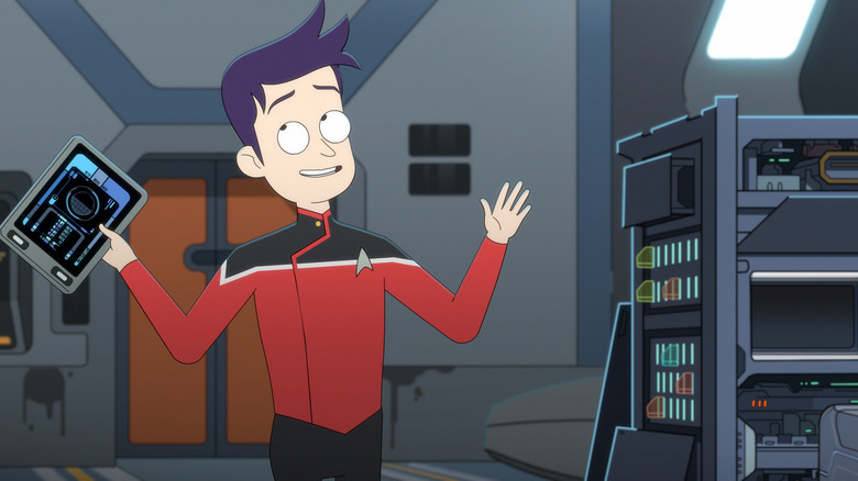Brad Boimler waving his arms while holding a datapad on Star Trek: Lower Decks