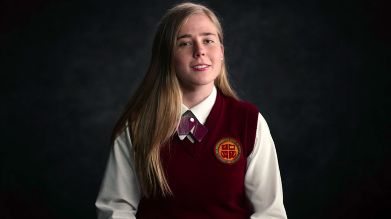 Chloe in her school uniform talking to the camera in American Vandal (2017)