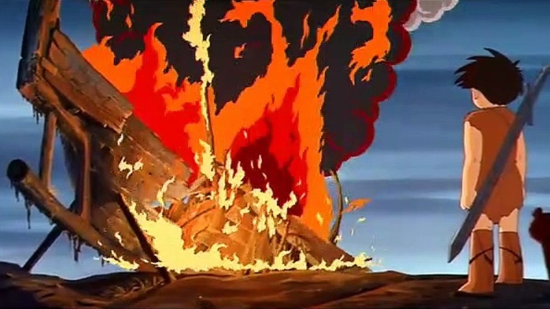 Horus watches a ship engulfed in flames in Horus, Prince of the Sun (1968)
