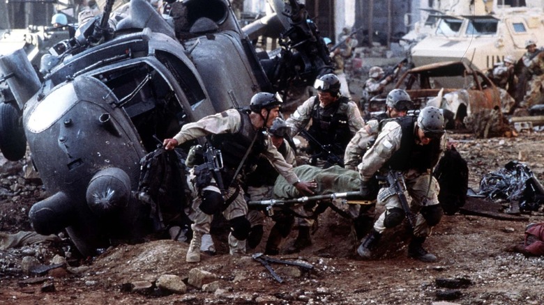 Soldiers rescuing a casualty in "Black Hawk Down"