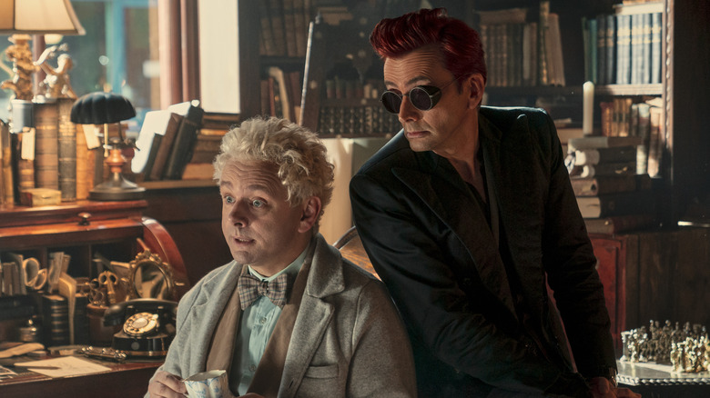 Aziraphale and Crowley drink tea on Good Omens