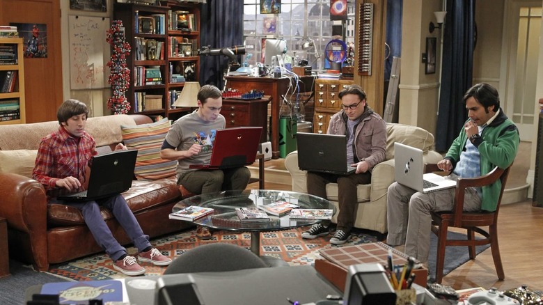 Howard, Sheldon, Leonard and Raj sitting in the apartment