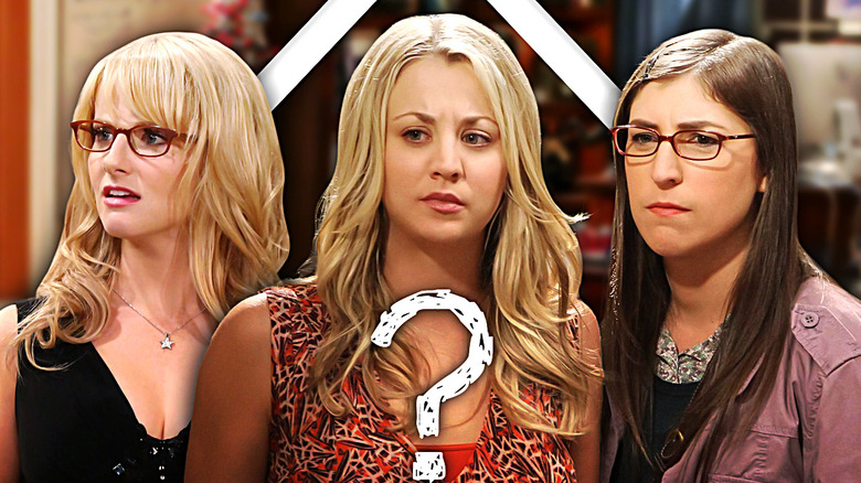Bernadette, Penny, and Amy looking suspicious