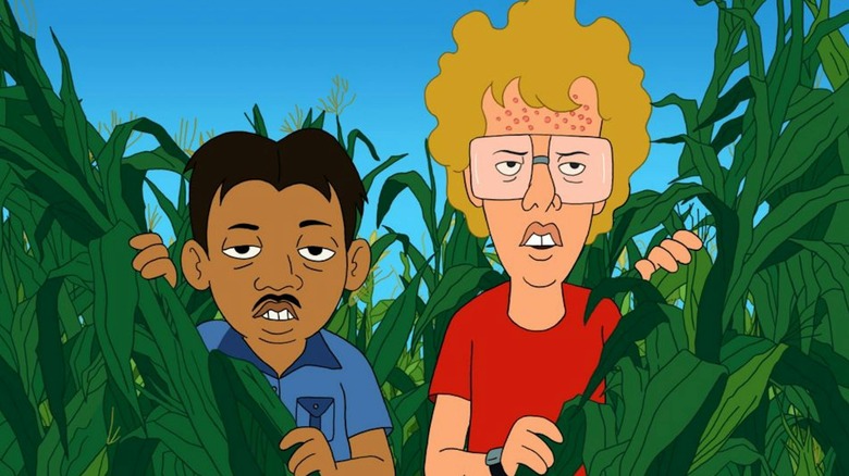 Pedro and Napoleon hiding in the grass in animated Napoleon Dynamite (2012)
