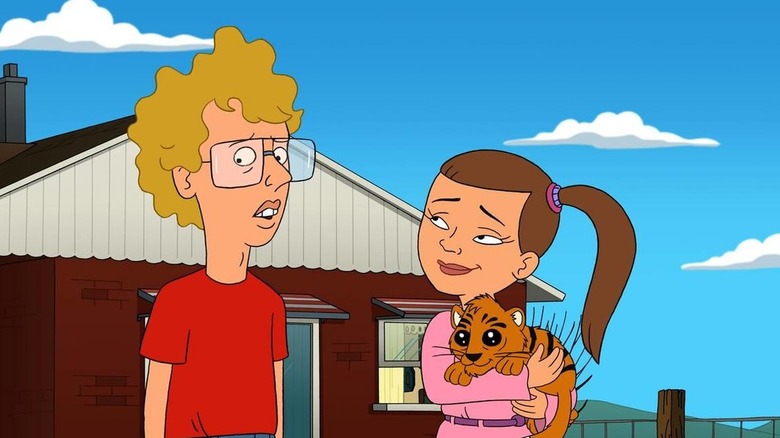 Napoleon Dynamite looking around nervously next to girl holding baby tiger in Napoleon Dynamite (2012)