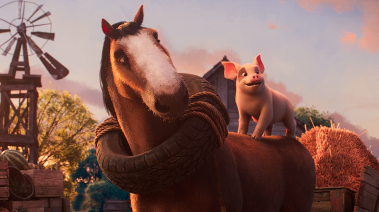 Boxer and Lucky smile about the future in "Animal Farm" (2026)