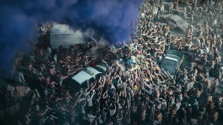 Purple smoke rising from zombie horde