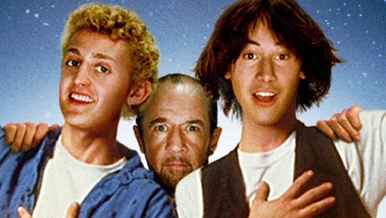 Keanu Reeves, Alex Winter, and George Carlin as Bill, Ted, and Rufus in Bill and Ted's Excellent Adventure