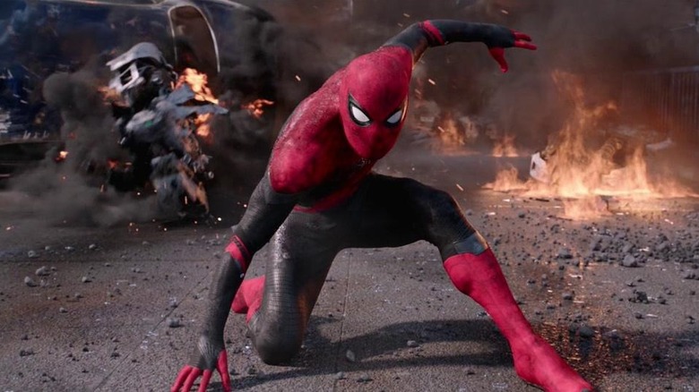 Spider-Man landing during a battle in Spider-Man: Far From Home
