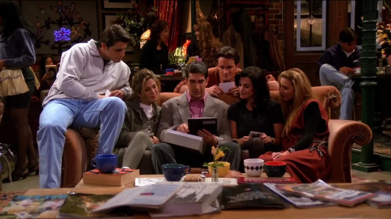 All of the friends on the couch at Central Perk in "Friends"