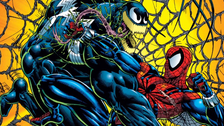 Venom and Spider-Man fighting on the cover of 1996's Venom: Along Came A Spider #1