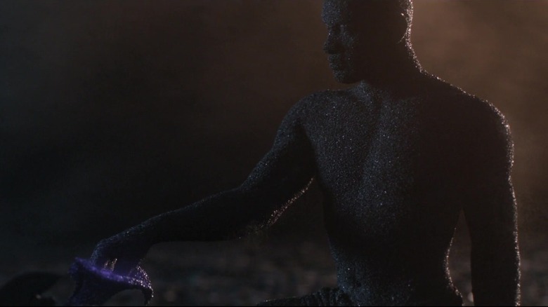 Original Black Panther touching purple flower