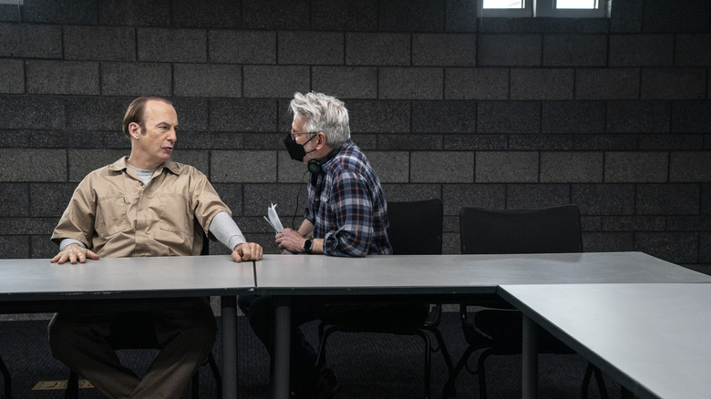 Bob Odenkirk on the set of Better Call Saul, talking to Peter Gould