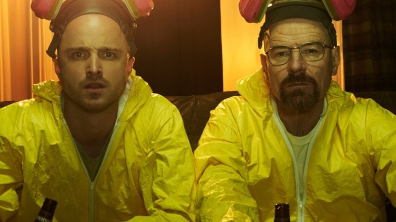 Walter White and Jesse Pinkman in yellow overalls