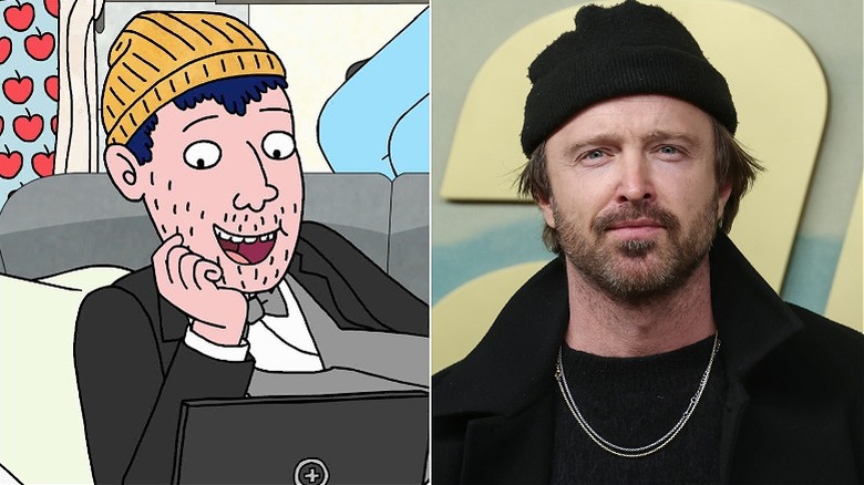 Left, Todd Chavez looking at laptop. Right, Aaron Paul wearing a beanie