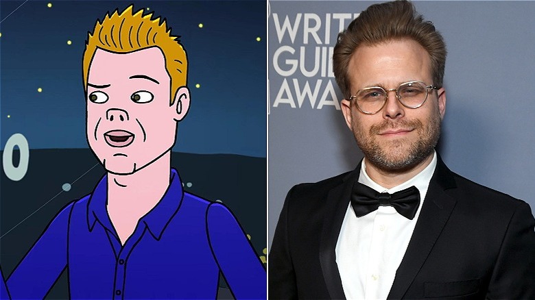 Left, A Ryan Seacrest Type wearing a blue shirt. Right, Adam Conover wearing a suit on a red carpet.