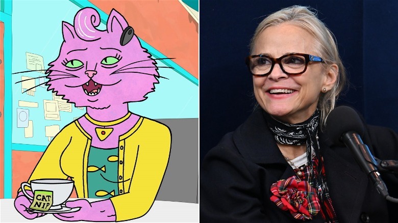 Left, Princess Carolyn talking on earpiece while holding mug. Right, Amy Sedaris sitting behind microphone