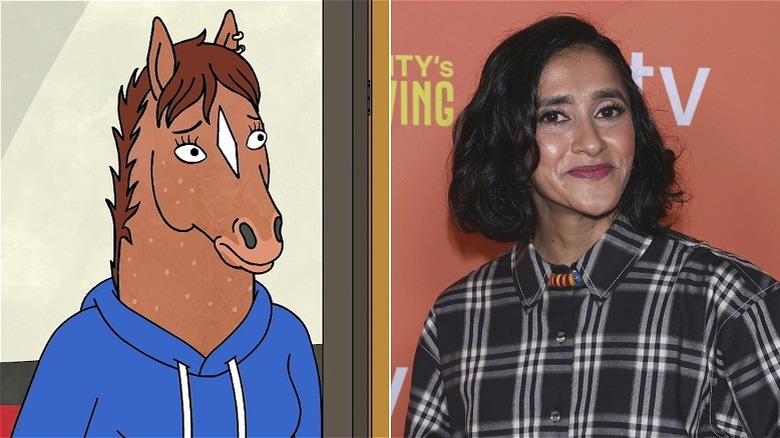 Left, Hollyhock looking concerned. Right, Aparna Nancherla wearing plaid