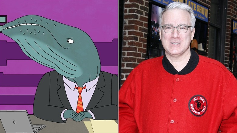 Left, Tom Jumbo-Grumbo sitting behind the news anchor desk. Right, Keith Olberman smiling outside of the Late Show