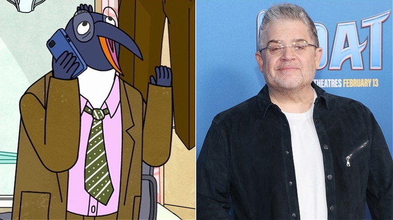 Left, Pinky Penguin standing in front of laundry. Right, Patton Oswalt posing at event
