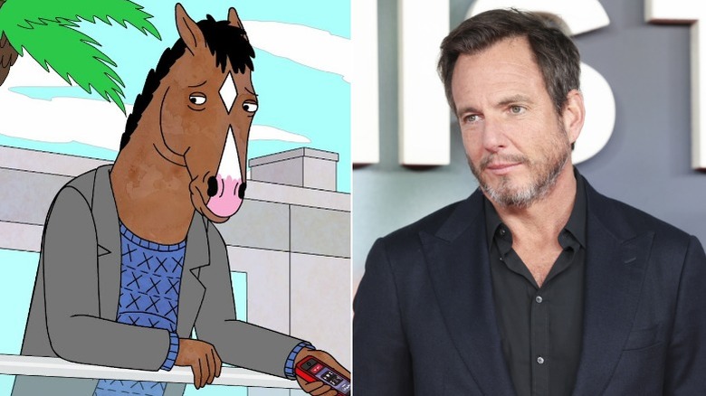 Left, BoJack Horseman standing outside. Right, Will Arnett poses in a black shirt.