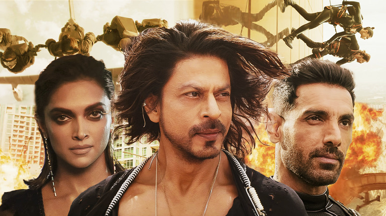 Deepika Padukone, Shah Rukh Khan, and John Abraham in Pathaan composite.