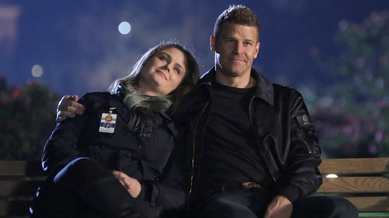 Bones and Booth sitting on a bench in the "Bones" finale
