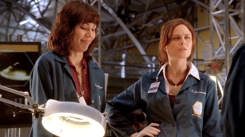 Brennan wearing Jeffersonian uniform