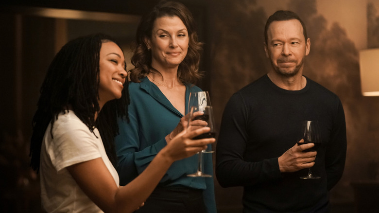 Lena, Erin, and Danny holding wine glasses in 