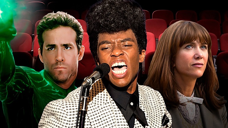 Reynolds, Boseman, and Wiig in front of movie theater seats