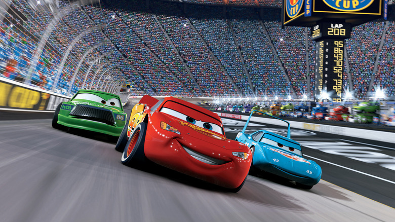 Lightning McQueen zooming out to the finish line in Cars (2006)