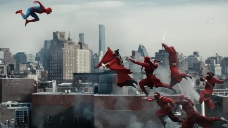 Spider-Man leaping toward The Hand in 