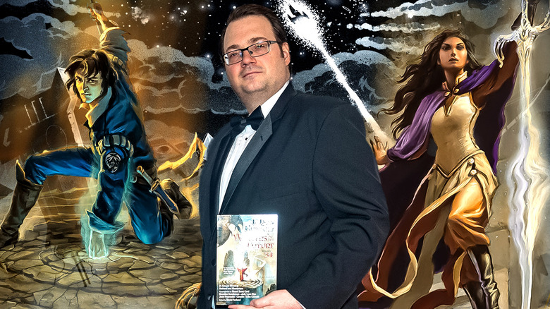 Brandon Sanderson surrounded by his characters